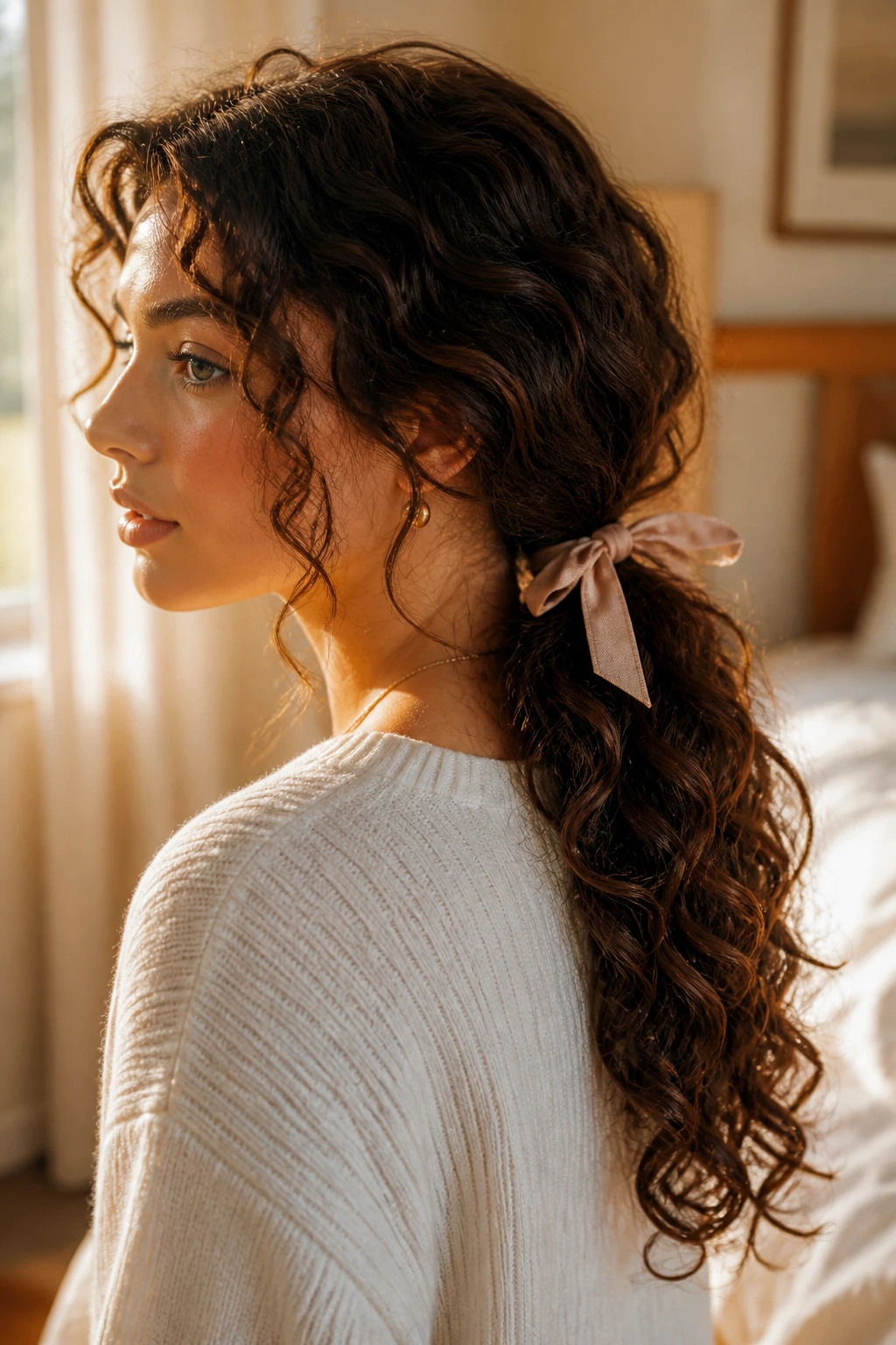 Close-up of a real woman wearing a ribbon-tied low ponytail at the nape with loose curls.