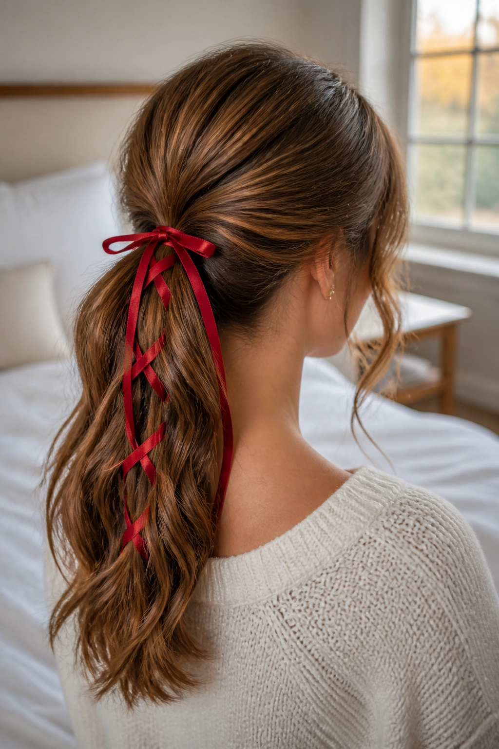 Close-up of ribbon-laced ponytail on a real woman with warm window light