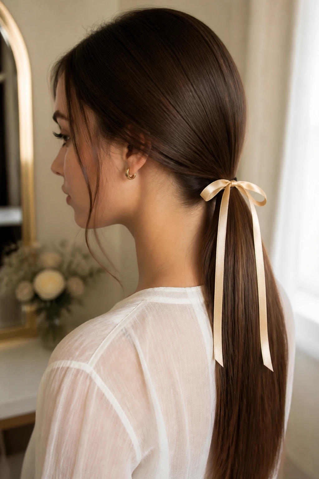 Close-up of a real woman wearing a ribbon-tied straight hairstyle