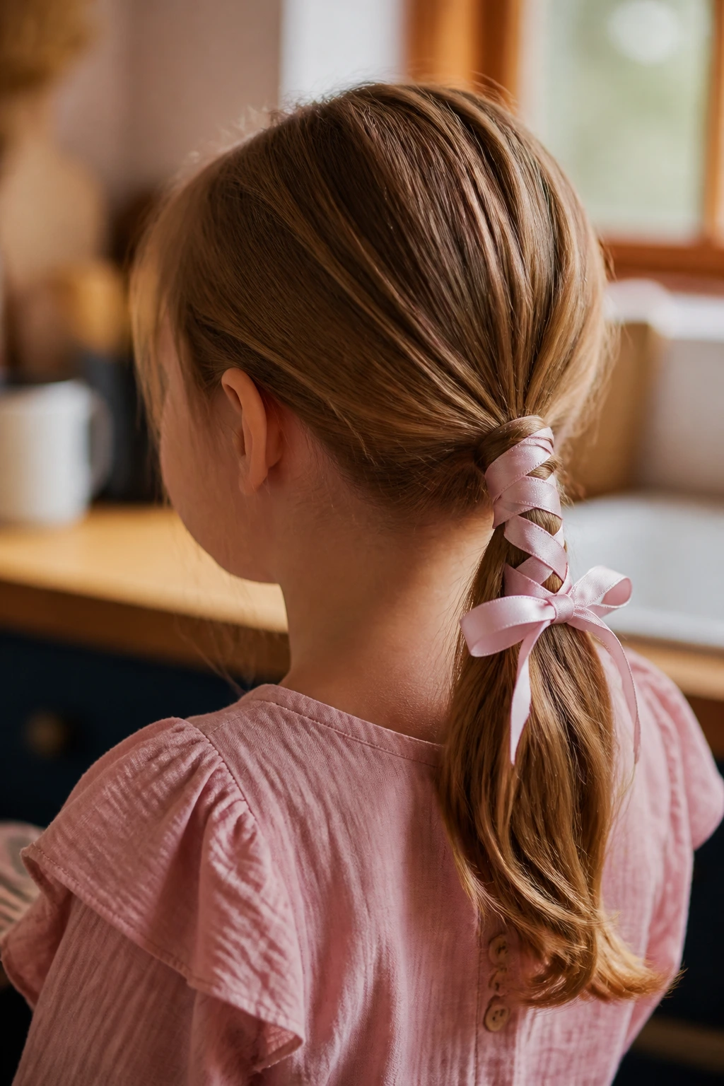 Close-up of a child with a low ponytail wrapped in a ribbon