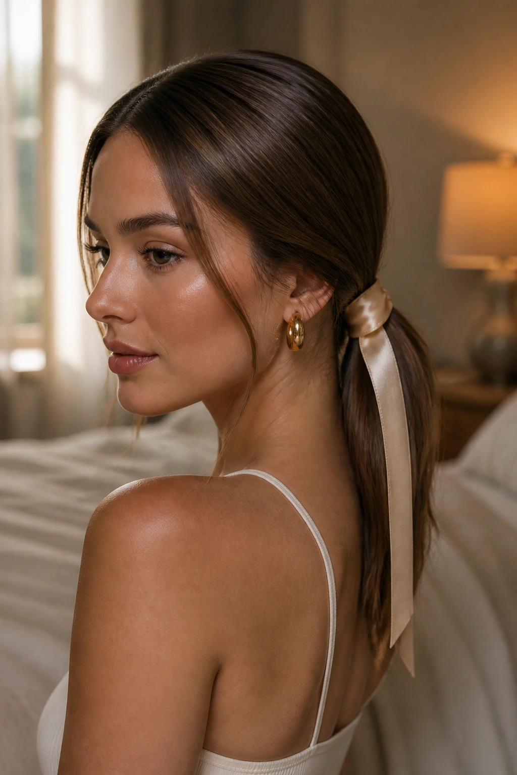 Close-up of real woman with ribbon-tied low ponytail at the nape.
