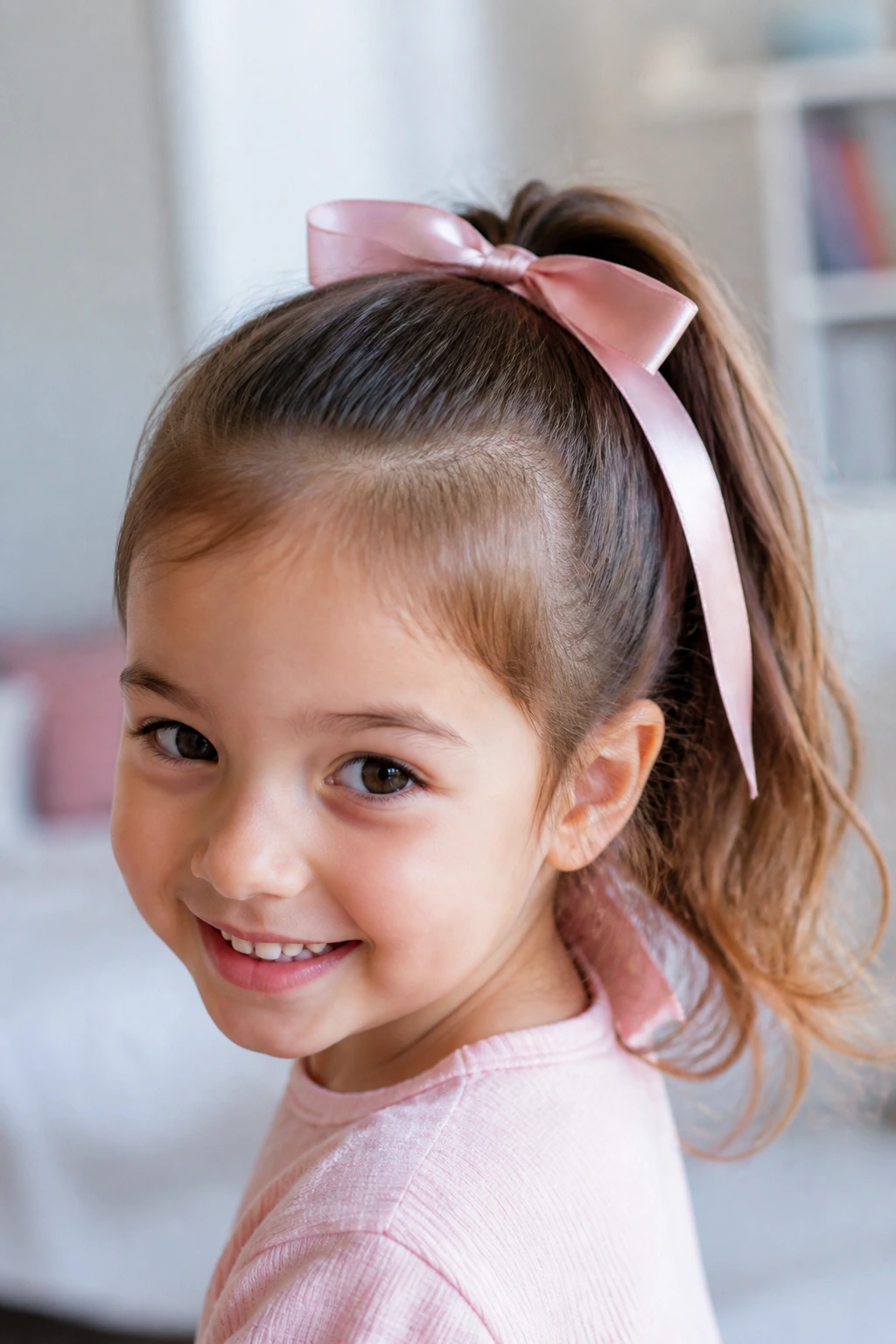 Close-up of a girl with a ribbon-wrapped ponytail.