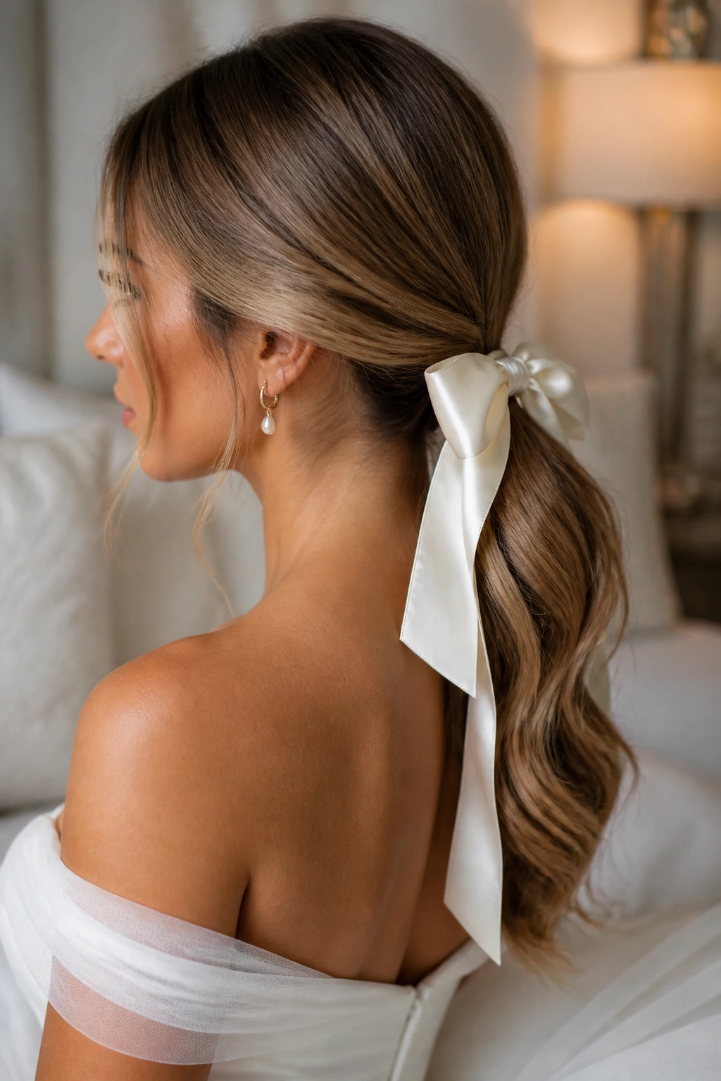 Close-up of bride with ribbon-tied satin low ponytail