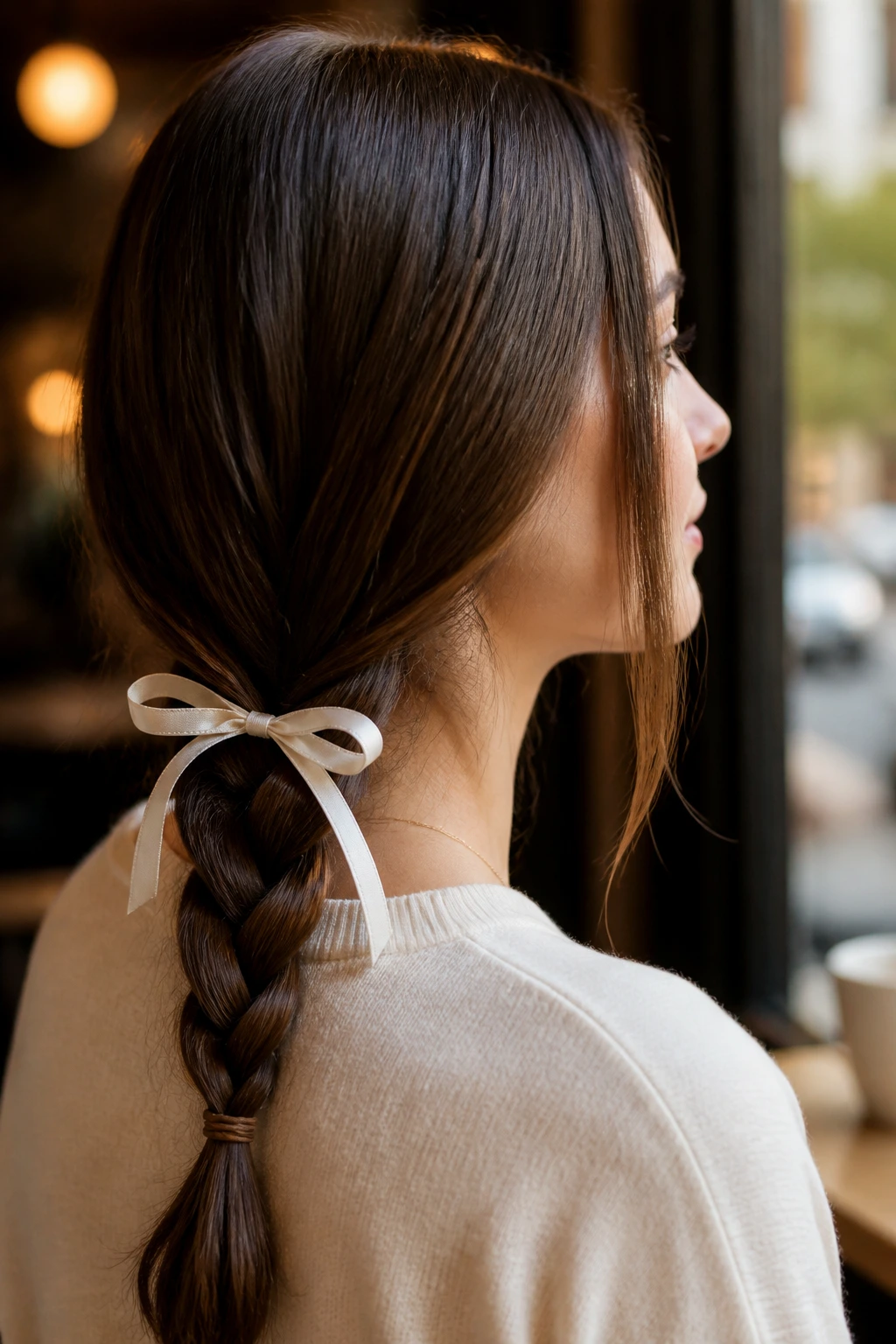 Close-up of a woman with a ribbon-tied low braid in a cafe setting.