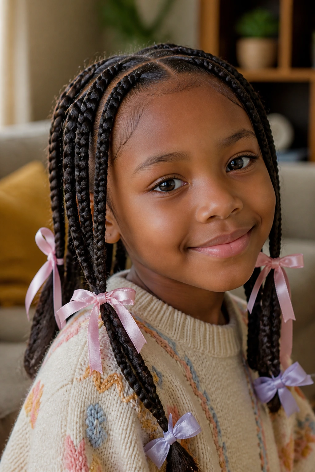 Close-up of a real child wearing ribbon-tied braids with pastel ribbons.