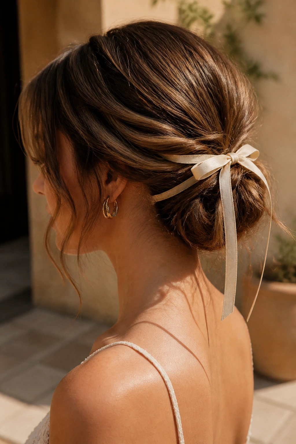 Close portrait of a real woman wearing a ribbon-tied low chignon with ribbon tails visible
