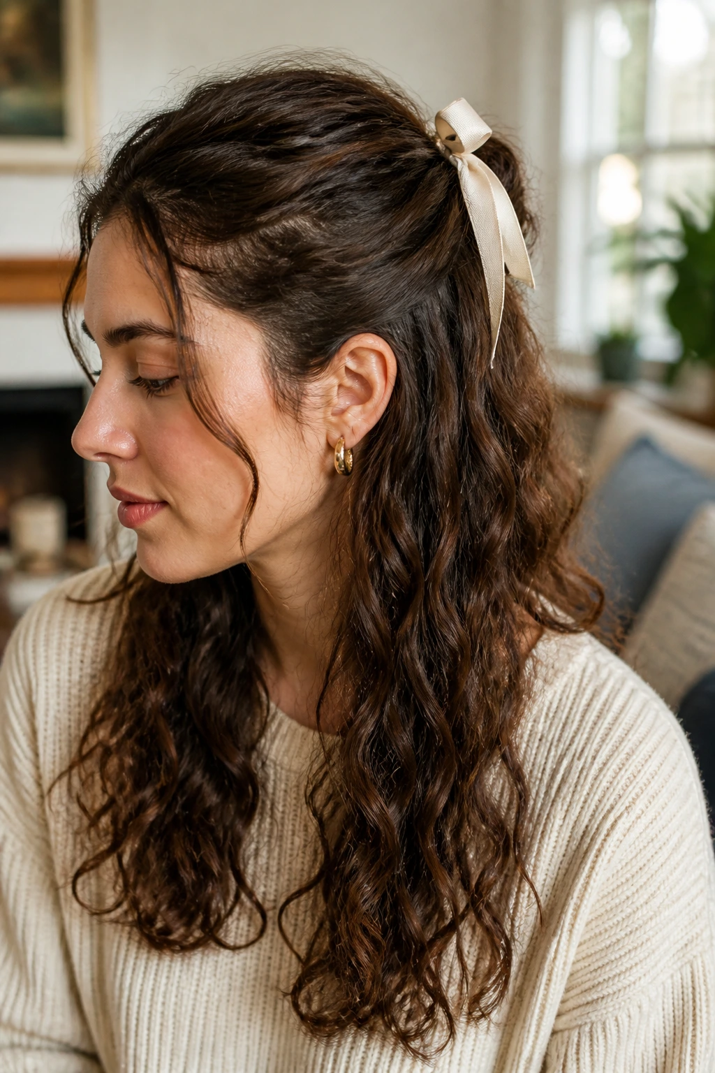Close-up of a real woman with ribbon-tied half pony hairstyle