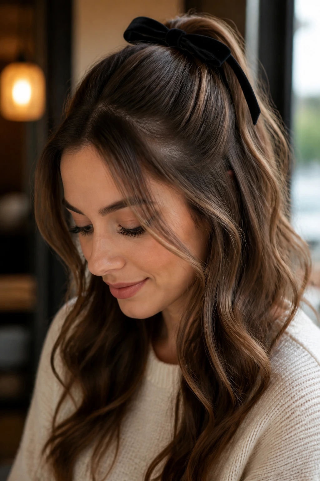 Close-up portrait of a real woman with a ribbon-tied half ponytail