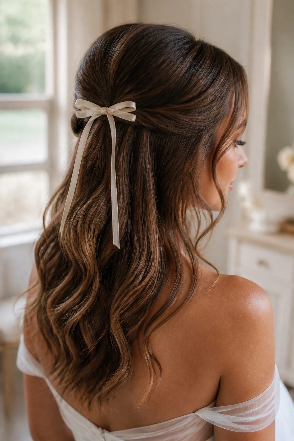 Close-up of a woman with a ribbon-tied half-up bow hairstyle in a bridal setting.