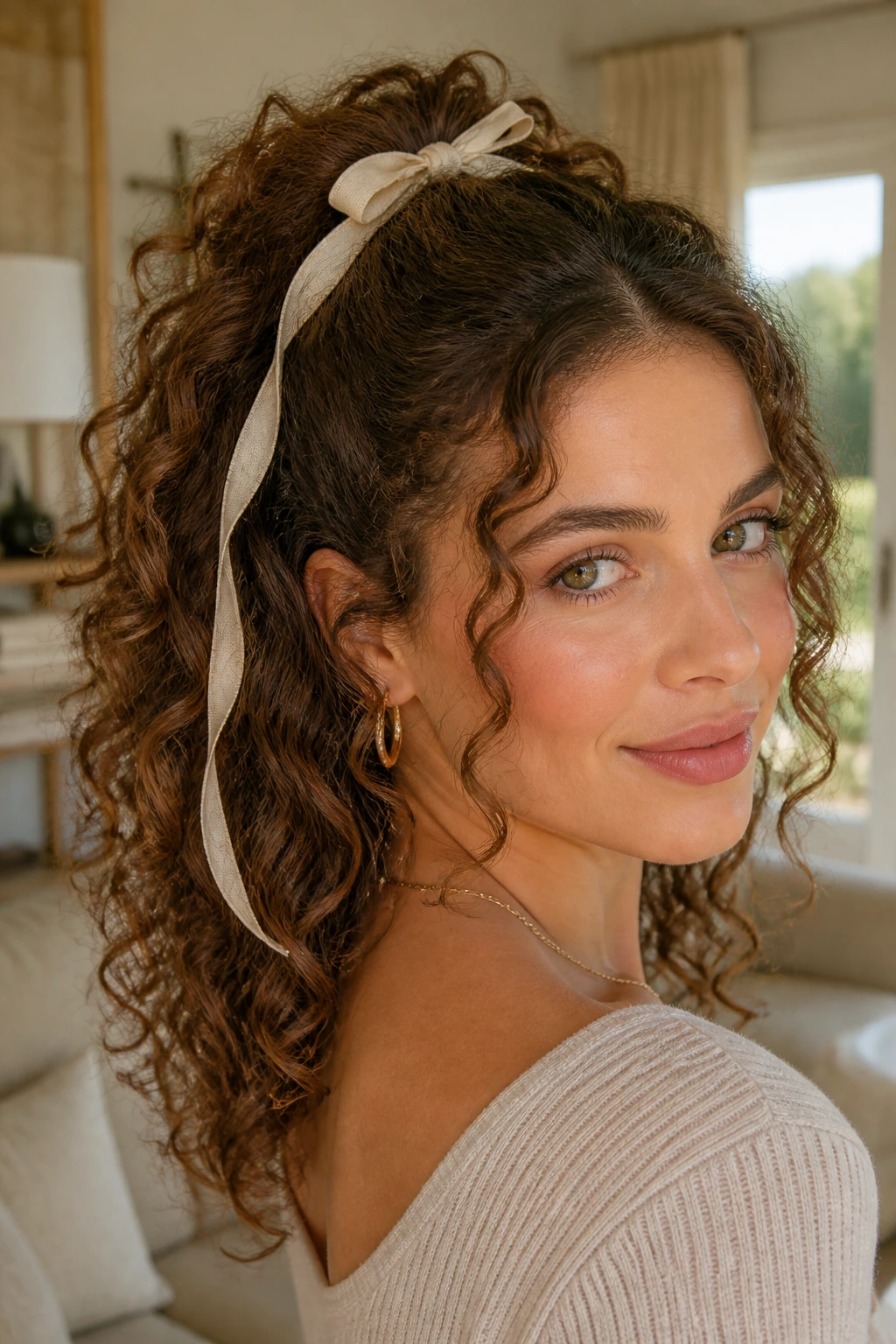 Close-up of real woman with ribbon-tied half-up hairstyle