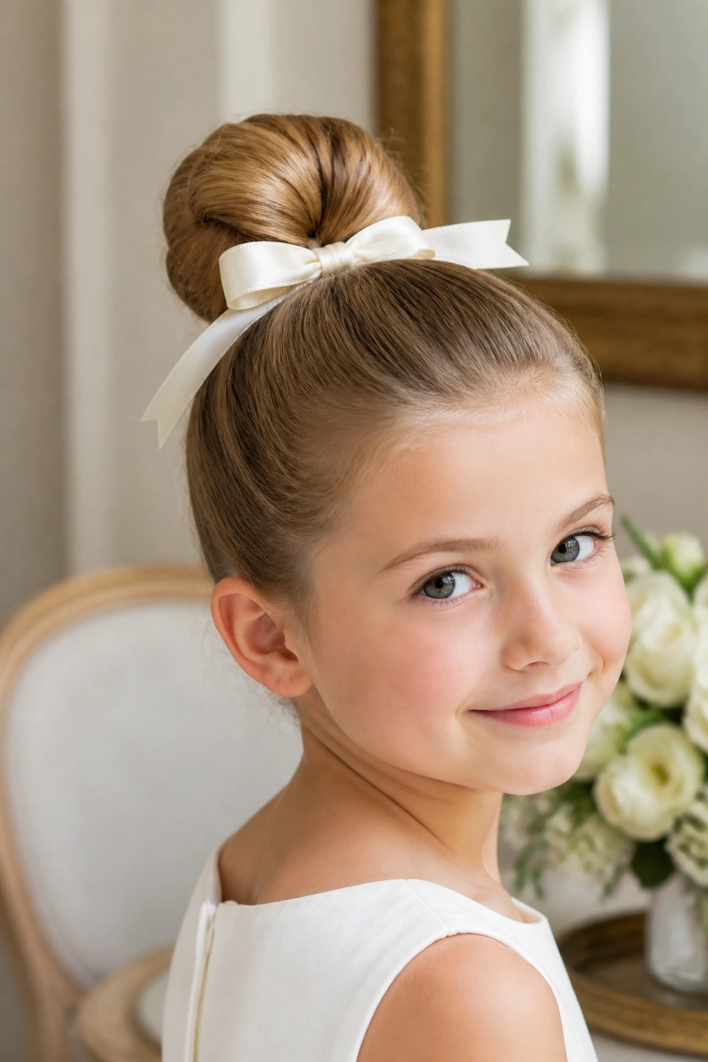 Close-up of ribbon-tied knot bun on a real child girl