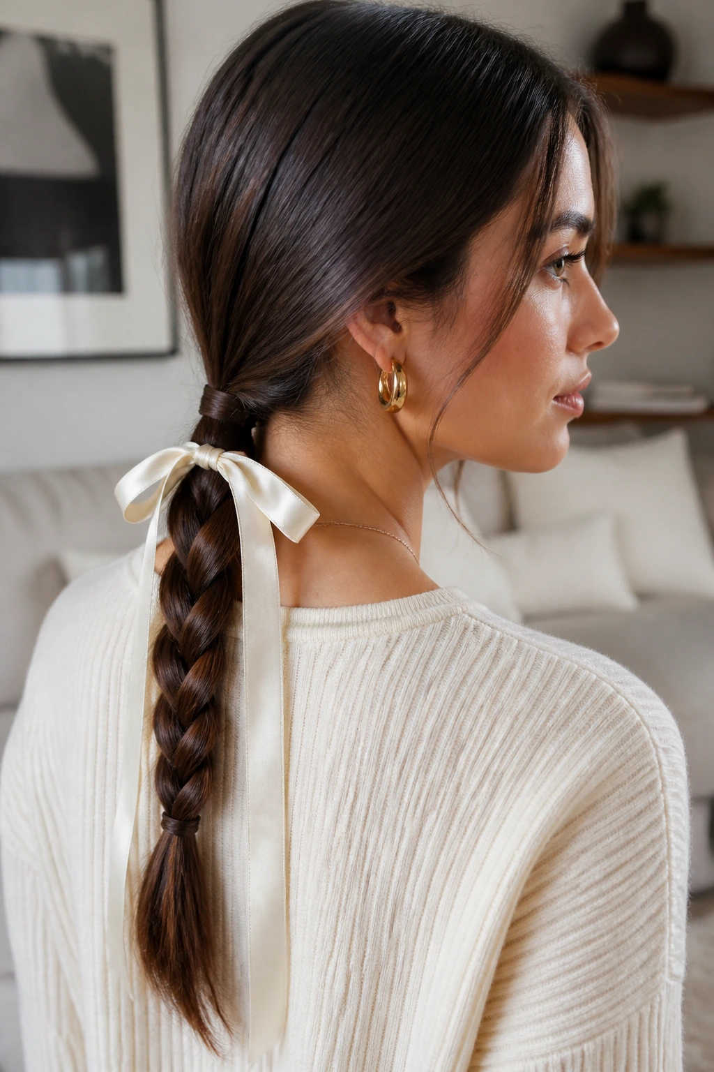 Real woman with a ribbon-tied low braid at the nape in soft daylight
