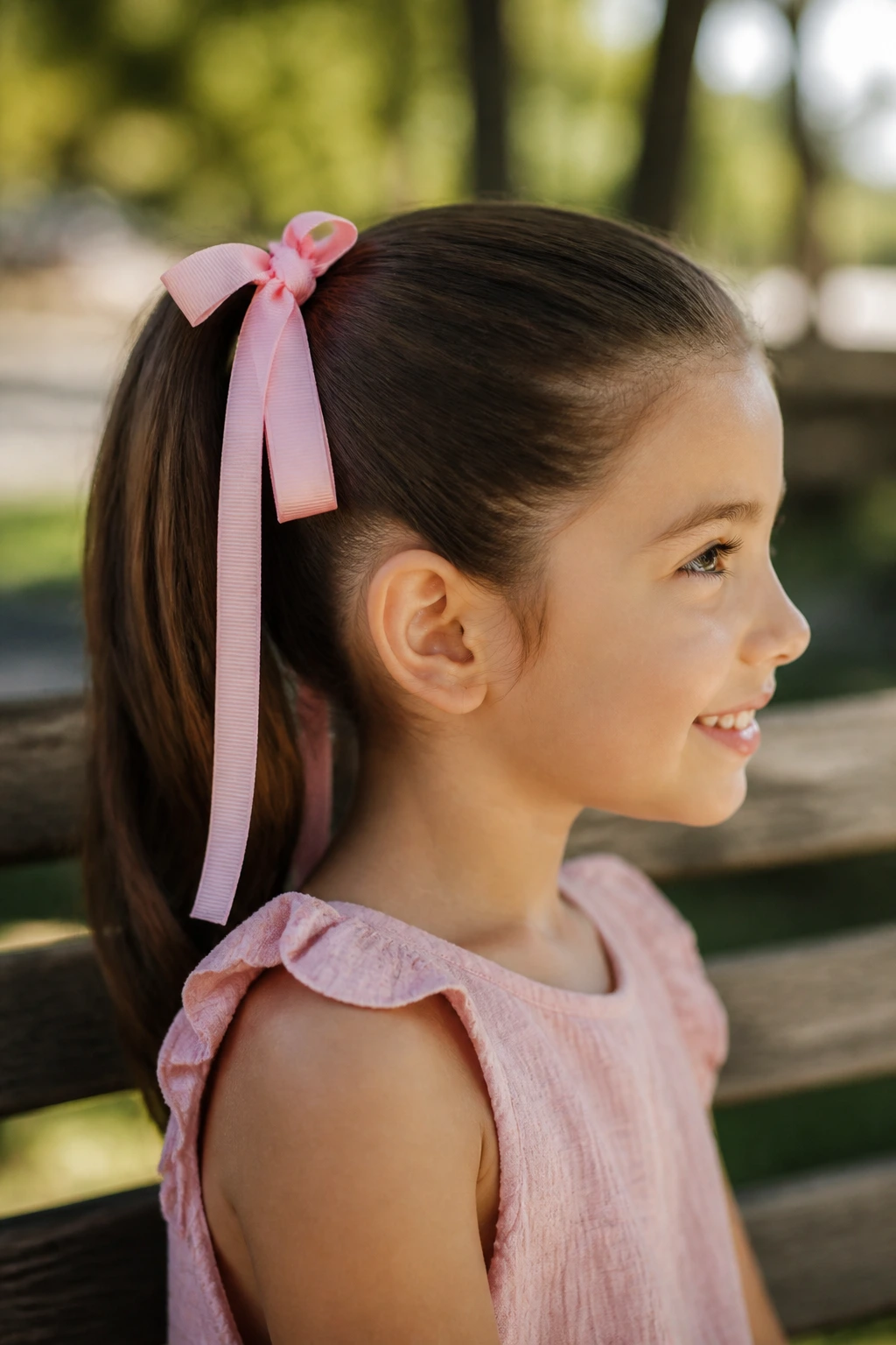 Close-up of child with ribbon-tied pony and ribbon hanging