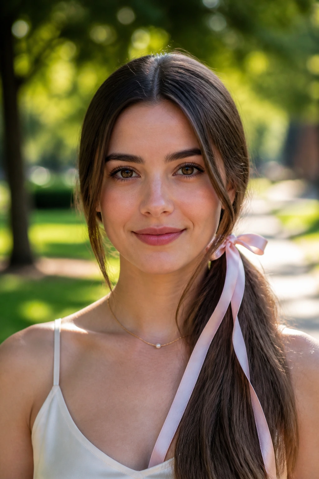 Woman with ribbon-tied ponytail in sunlight