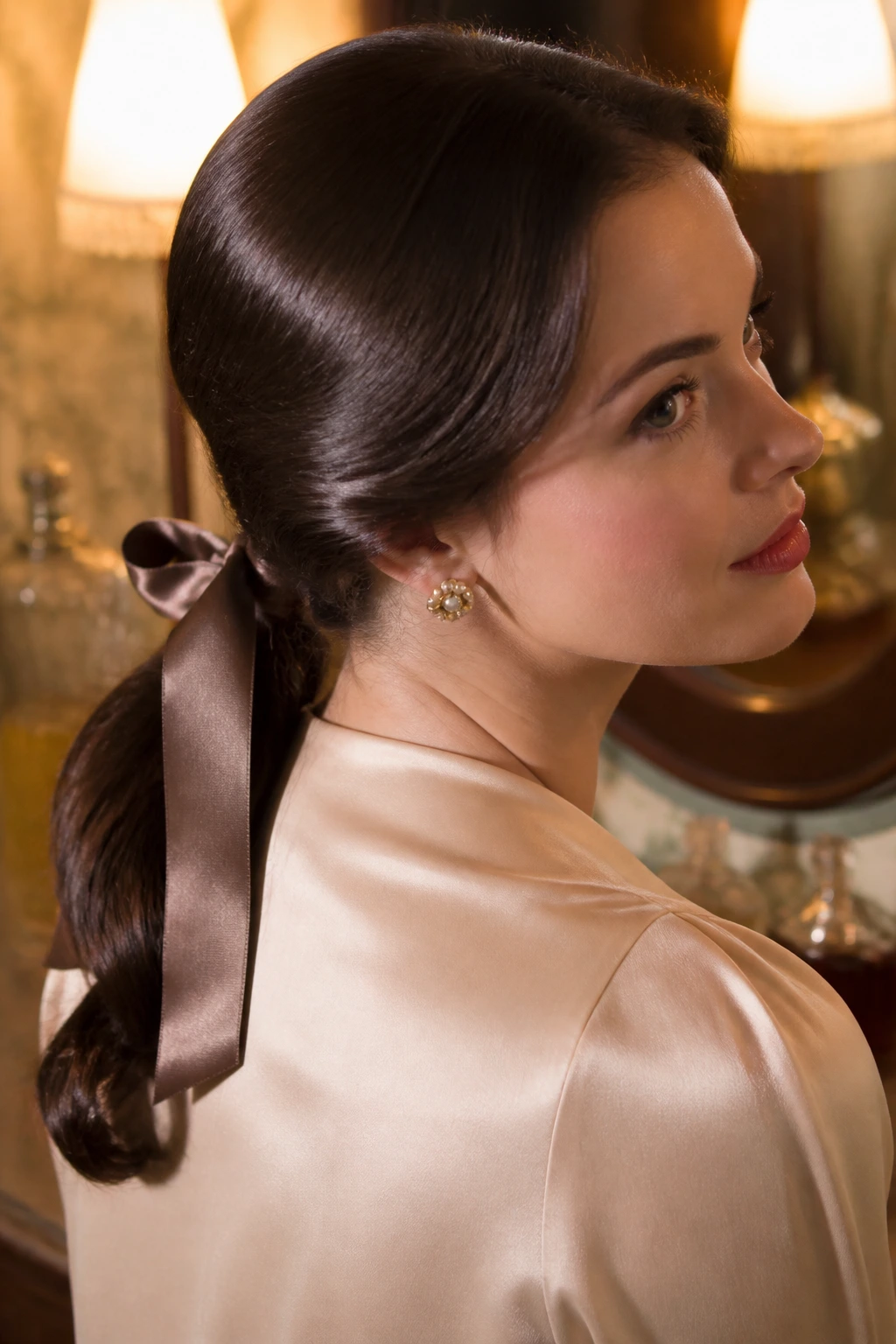 Close-up of a real woman with ribbon-tied low ponytail