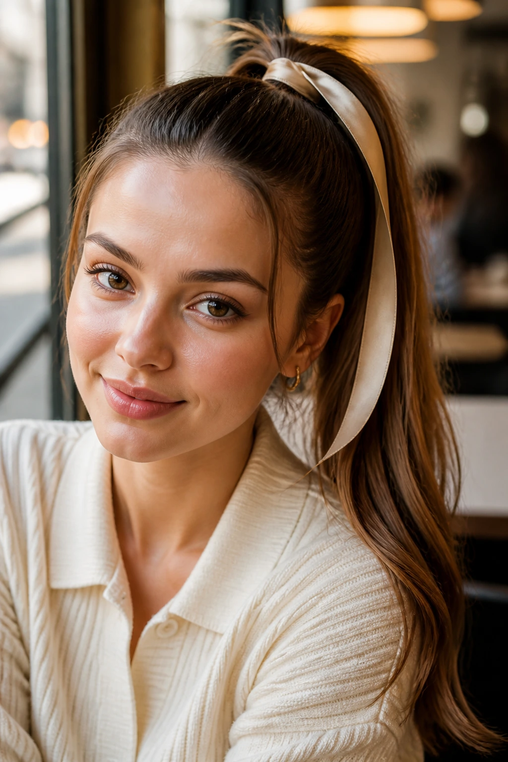 Close-up of a real woman with a ribbon-tied ponytail featuring satin ribbon at base