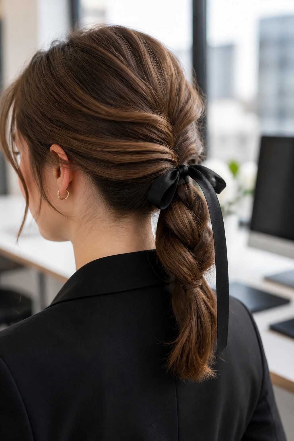 Close-up of a real woman with a ribbon-tied twist ponytail in an office setting