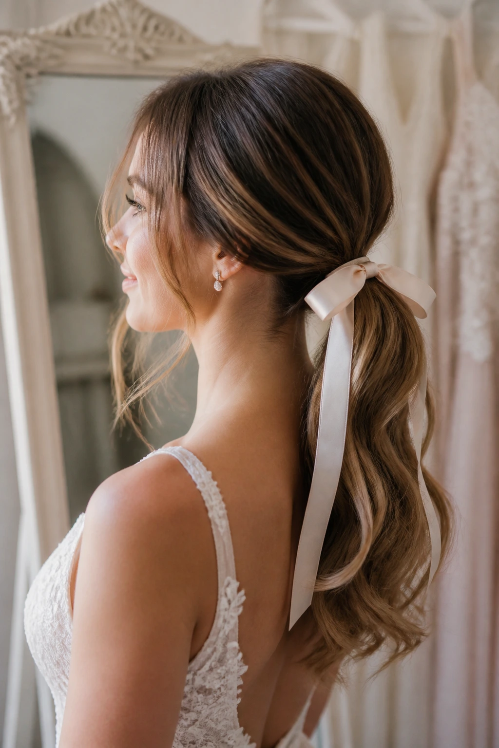 Bride with ribbon-tied romantic ponytail and bow