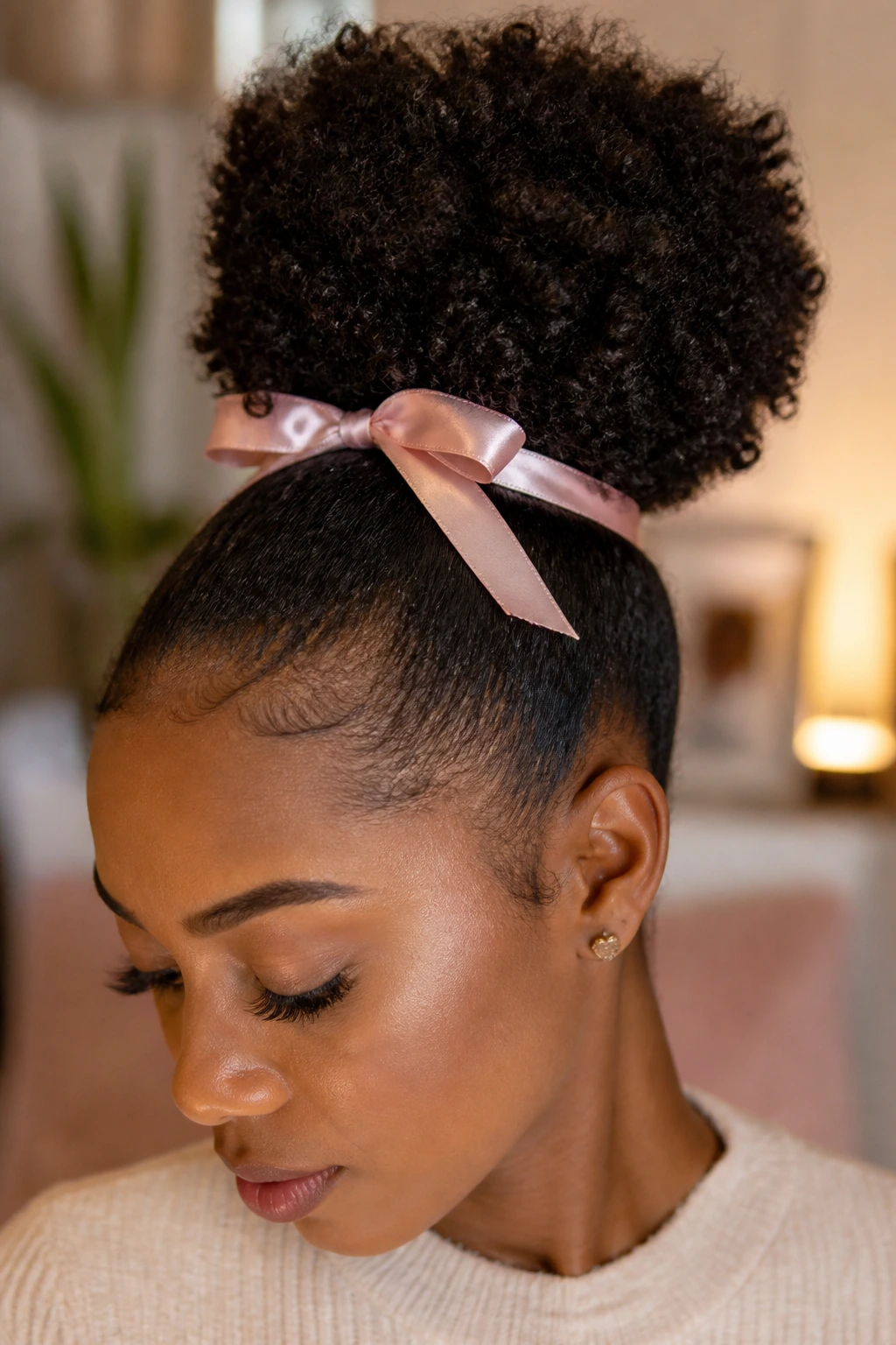 Close-up of a real woman wearing a ribbon-tied puff hairstyle filling the frame