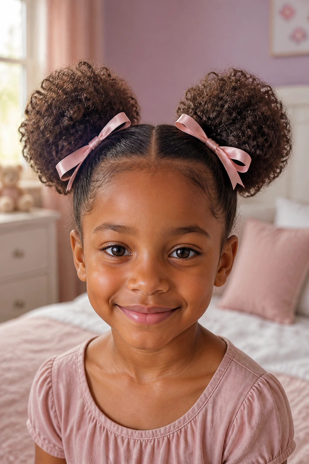 Front view of a girl with two ribbon-tied puffs
