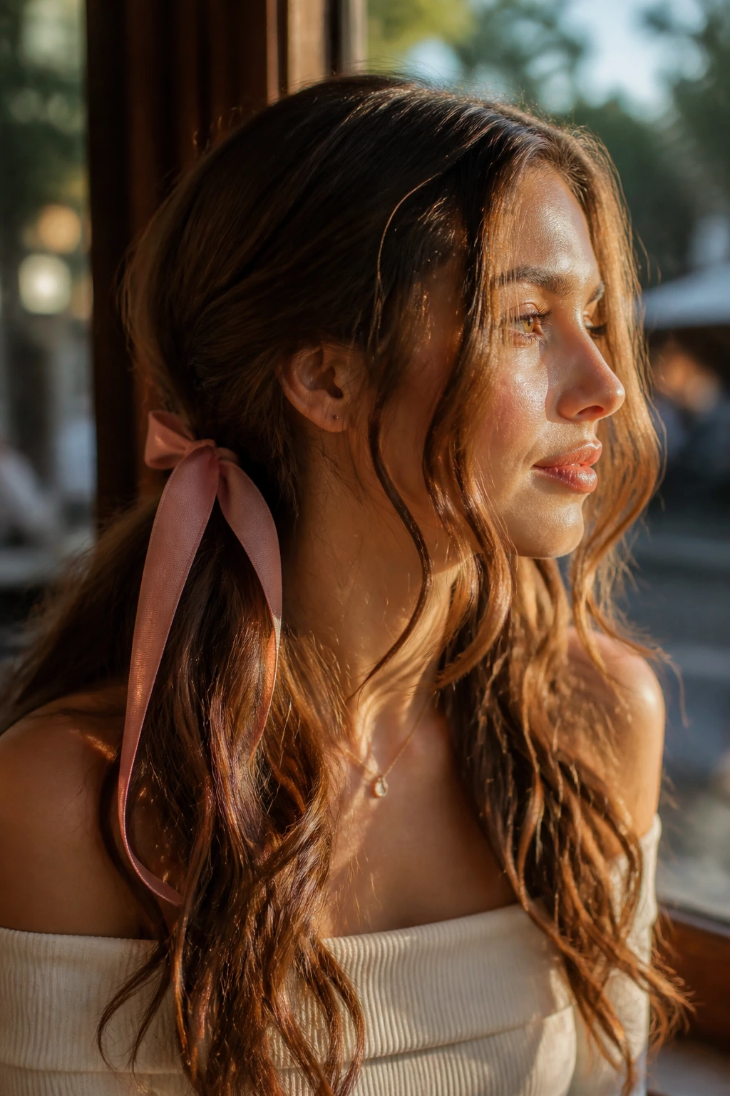 Portrait of a woman with ribbon-tied waves.