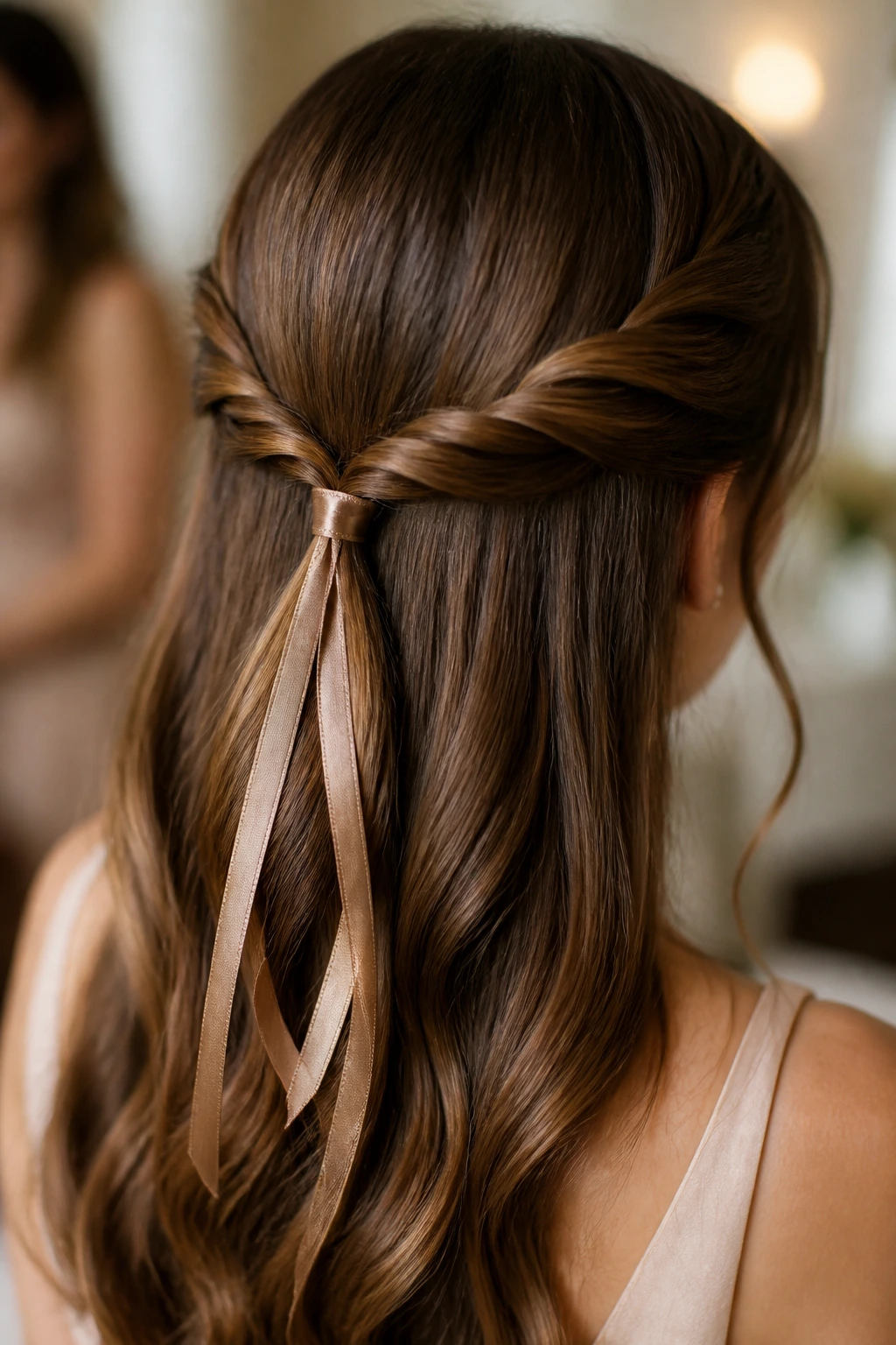 Close-up of a real woman with satin ribbon twists at the back of her head