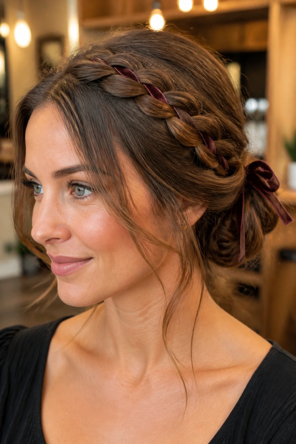 Portrait of a real woman with ribbon-laced updo weaving ribbon through braid and bun