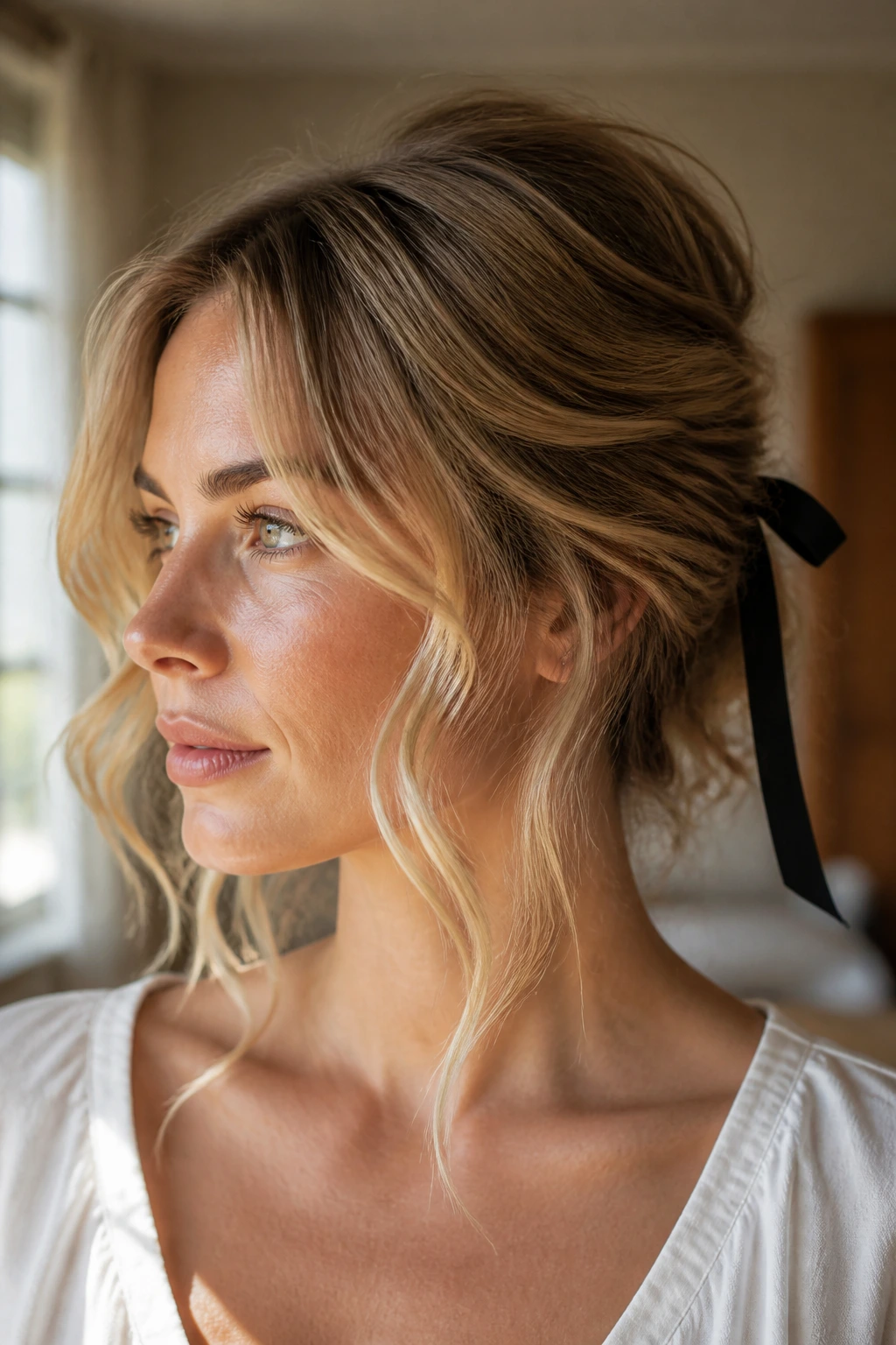Portrait of a real woman with face-framing waves and a back ribbon.