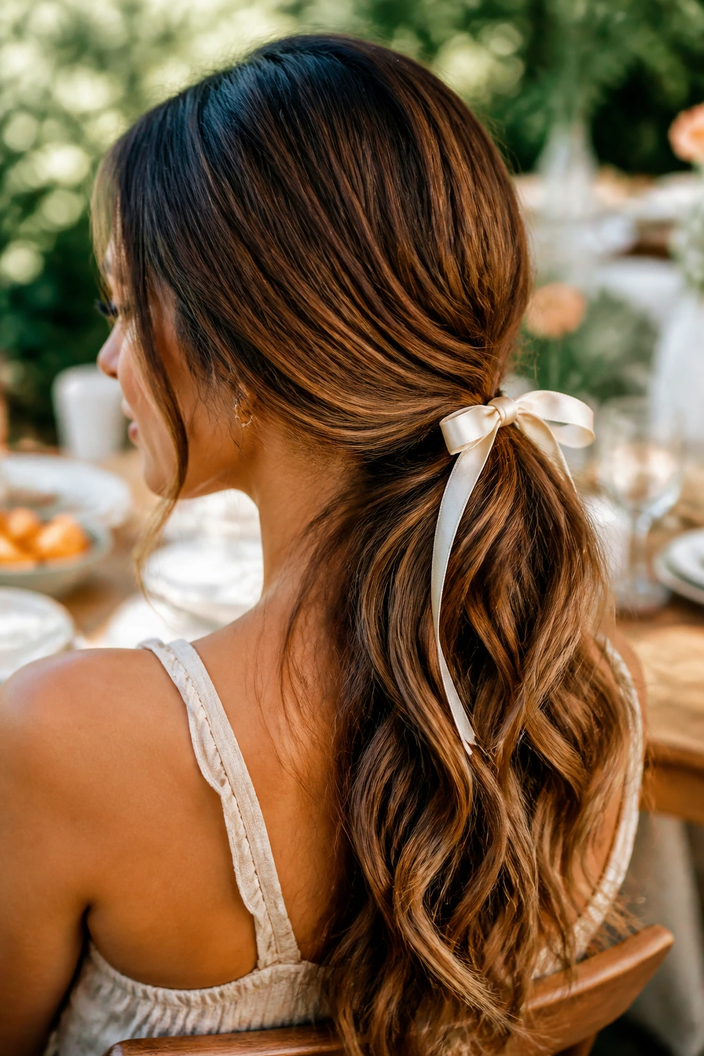 Close-up of a real woman with long wavy hair and a satin ribbon tied around a low pony in a sunlit garden