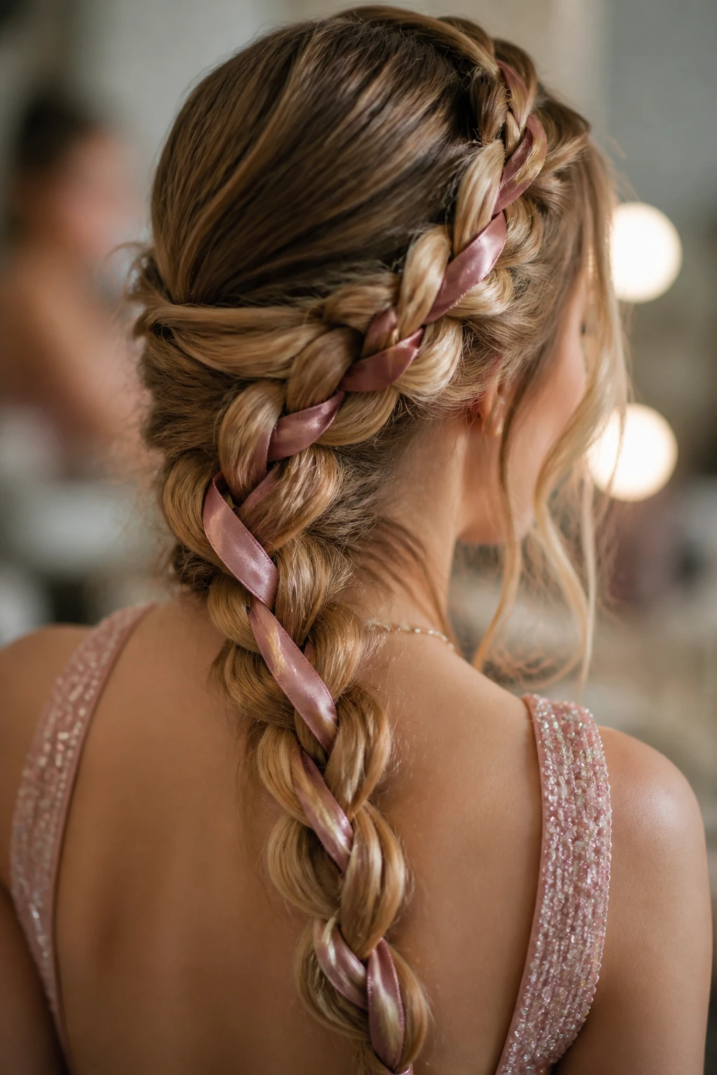 Close-up of a real woman's head with a ribbon-woven braid