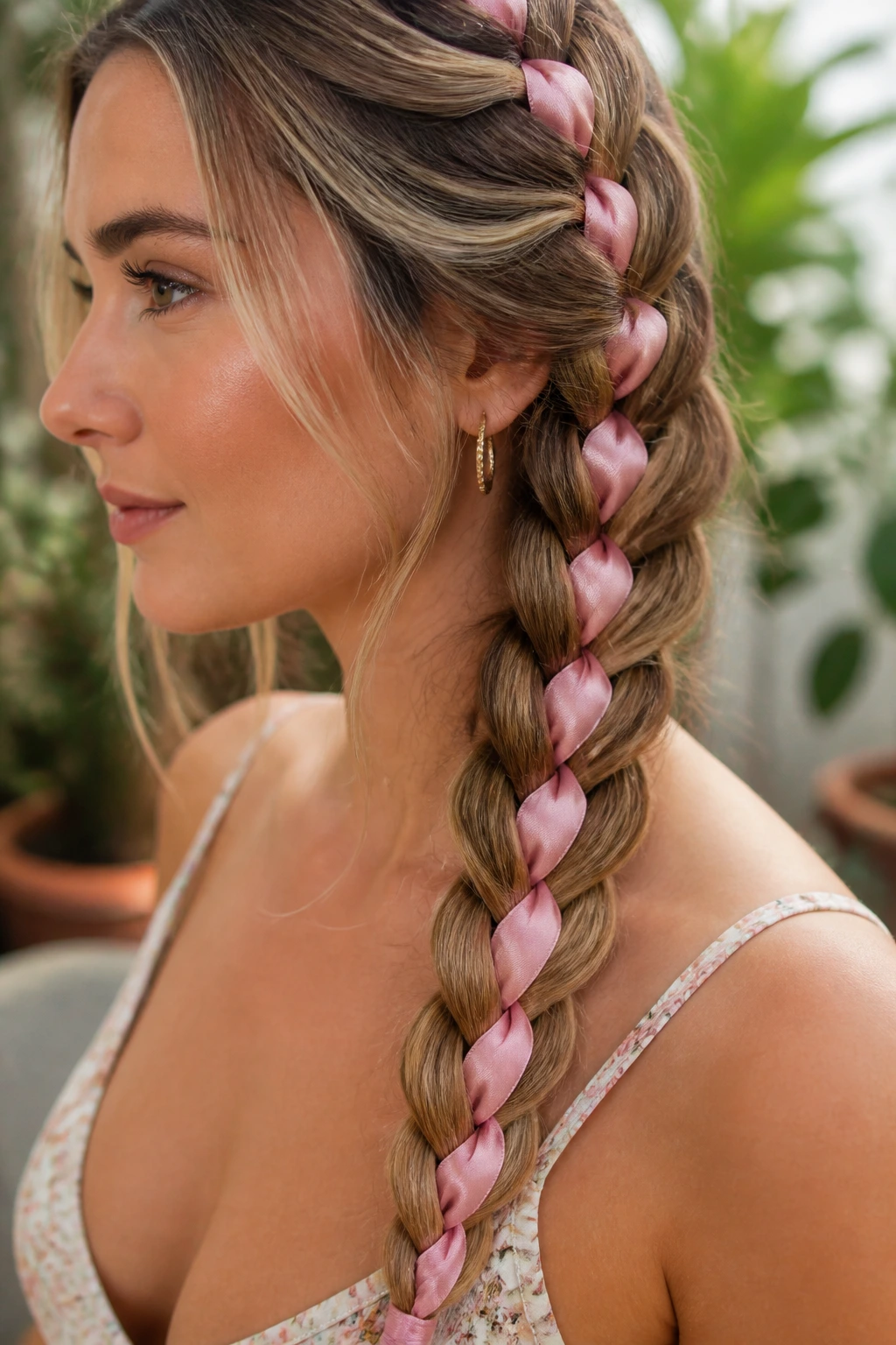 Close-up of a woman with a ribbon-woven braid outdoors