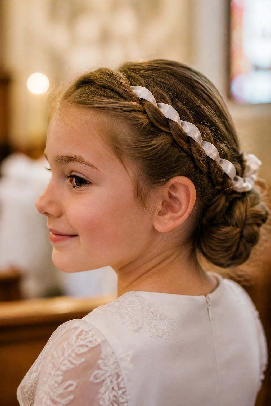 Close-up of a child with a ribbon-woven braided bun