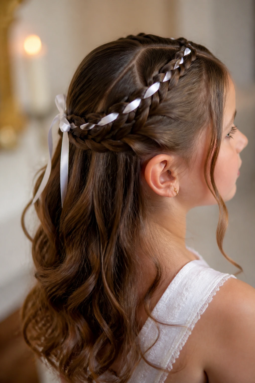 Girl with ribbon-woven half-up braids for First Communion