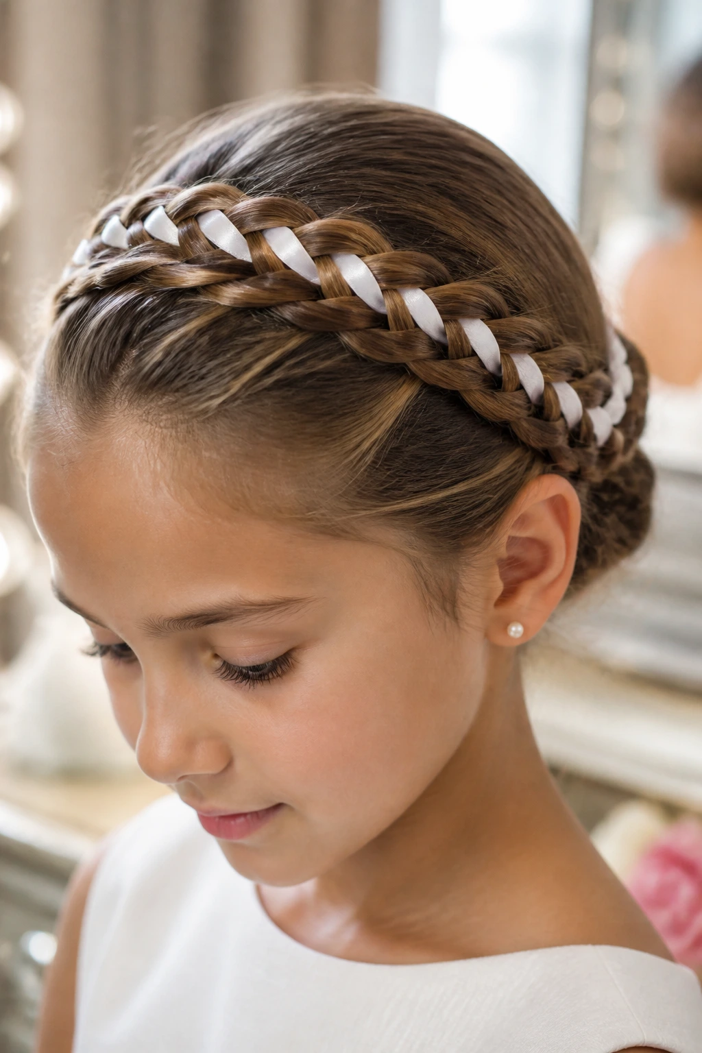 Close-up of a real child wearing a ribbon-woven crown braid.