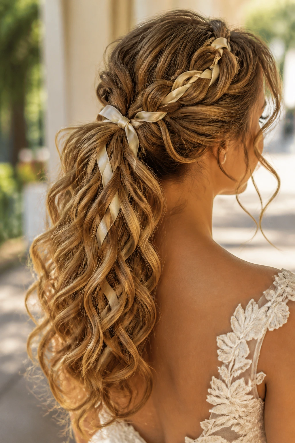 Bride's curly ponytail with a woven satin ribbon