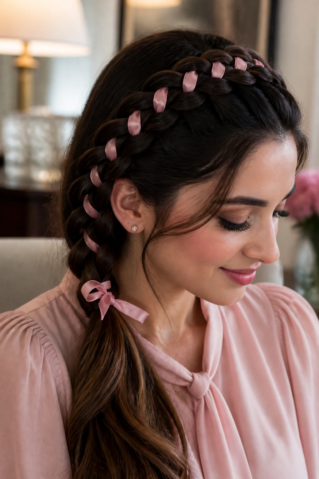 Close-up of ribbon-woven Dutch braid on a real person with ribbon visible in the braid