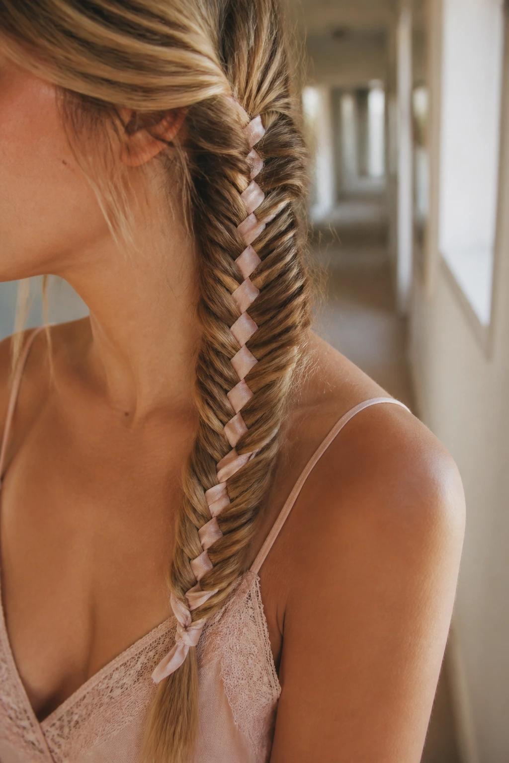 Close-up of a real person with a ribbon-woven fishtail braid showing a satin ribbon woven through the braid.