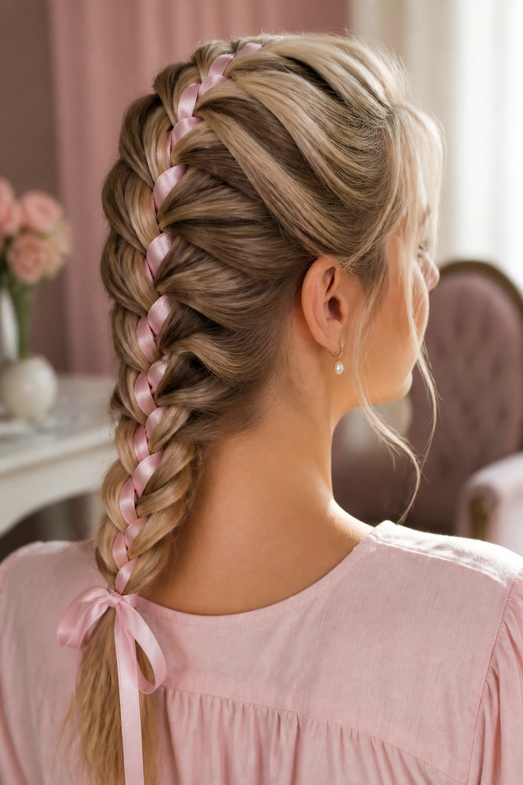 Close-up of a woman wearing a ribbon-woven French braid