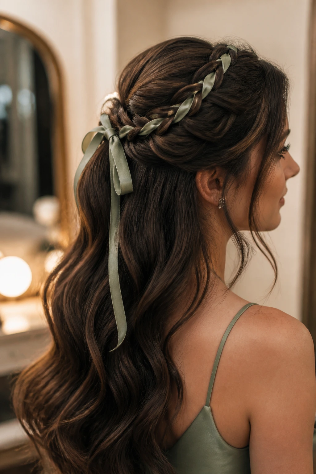 Woman with ribbon-woven half ponytail hairstyle