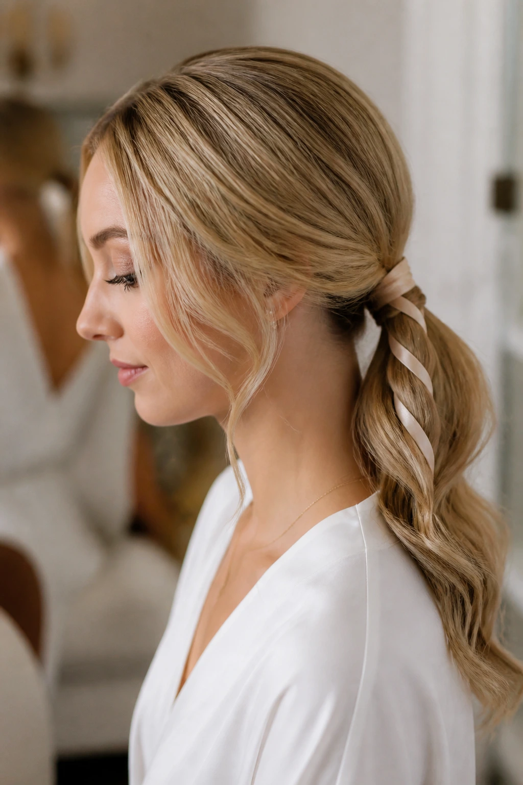 Close-up of real woman wearing a ribbon-woven low ponytail with a subtle flat ribbon.