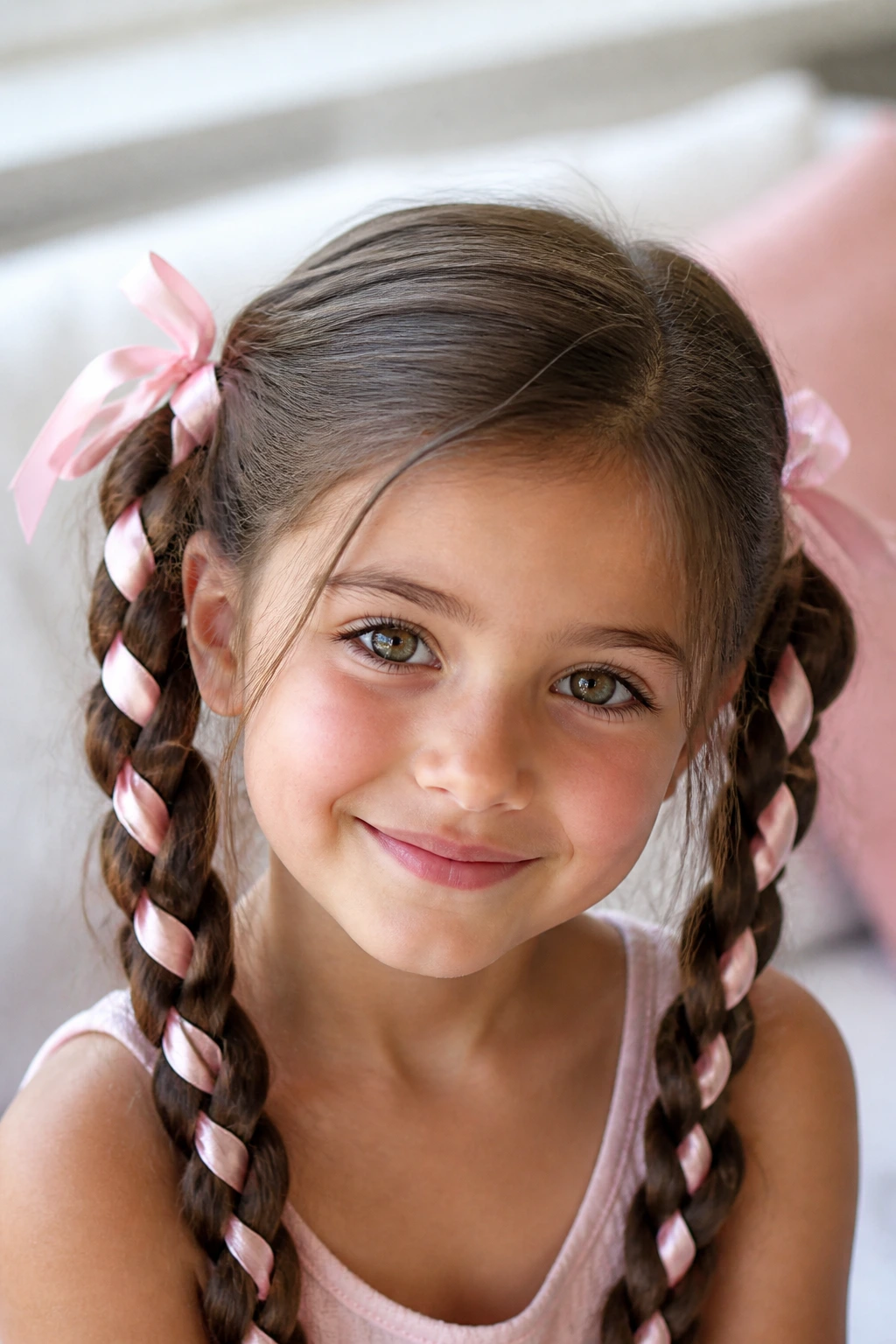 Close-up of a brunette girl with ribbon-woven pigtails in a sunlit home setting