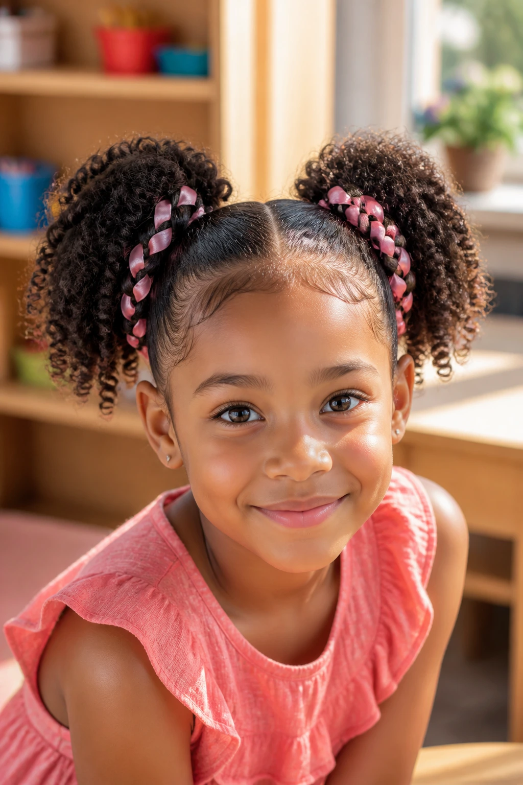 Girl with two ribbon-woven puffs and ribbons in a bright classroom