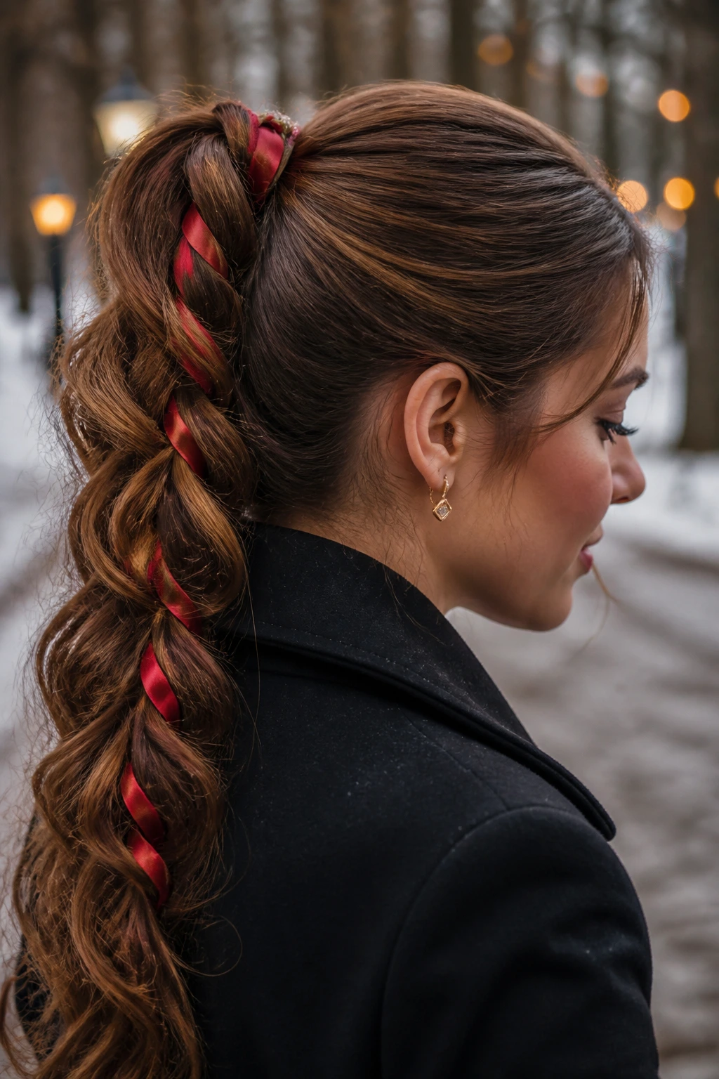 Real woman with a ribbon-woven ponytail in a softly lit winter park setting.