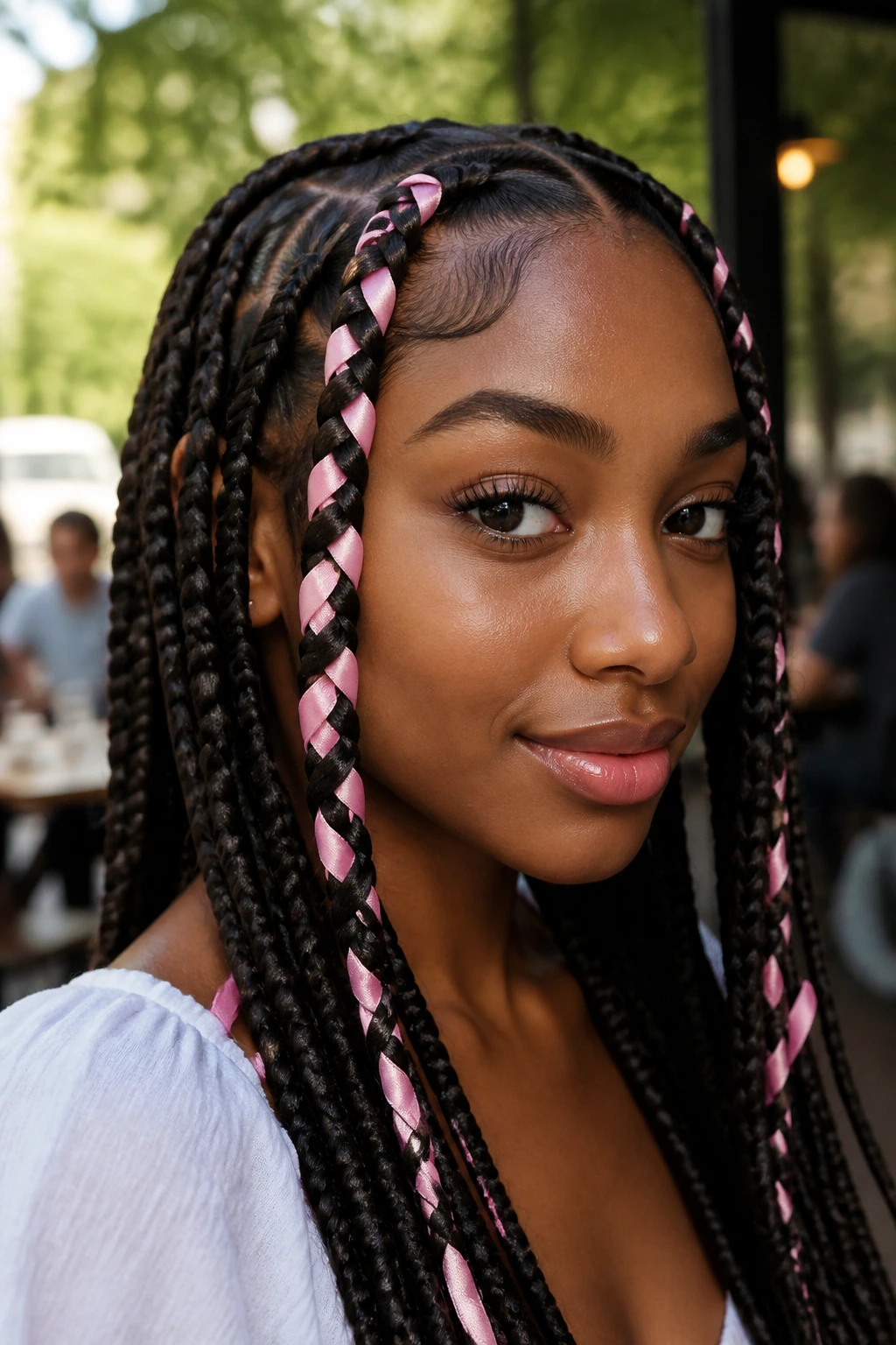Close-up portrait of a real woman with ribbon-wrapped front box braids