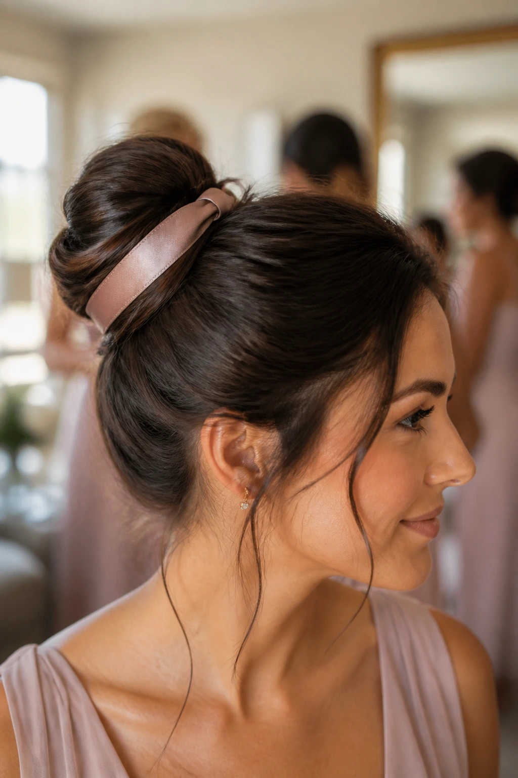 Close-up of a real woman with a ribbon-wrapped bun in a bridal prep room