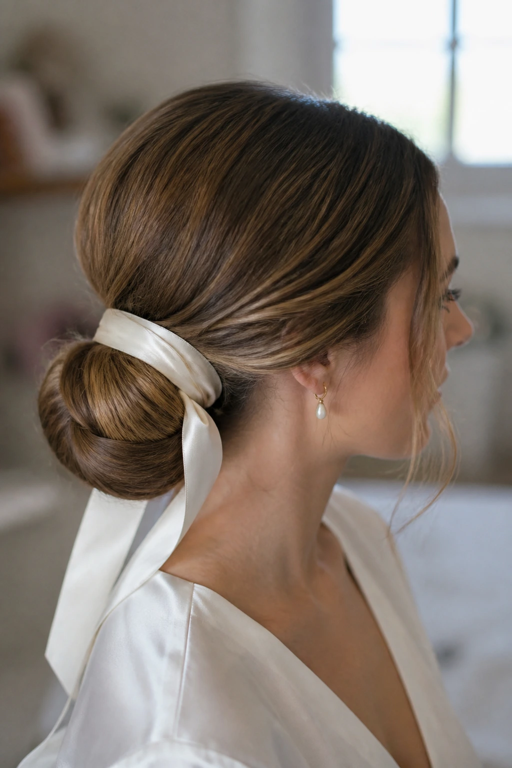 Close-up of real woman with ribbon-wrapped low bun in a bridal suite