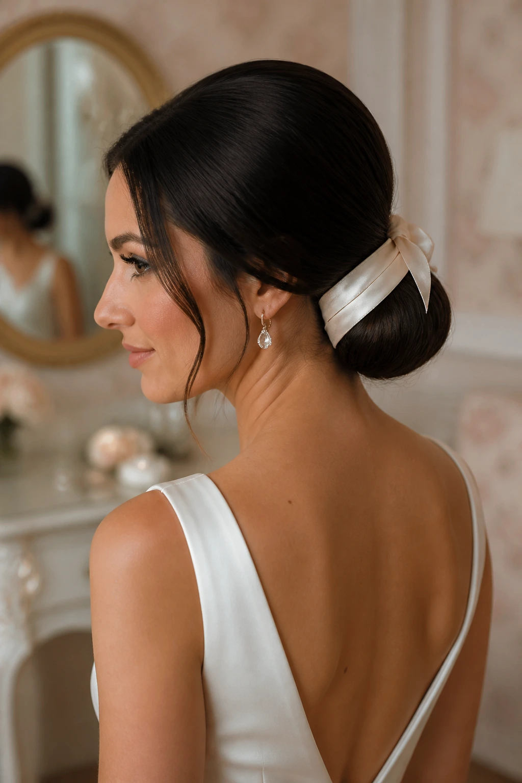 Close-up of a real bride with a satin ribbon wrapped around a low bun.