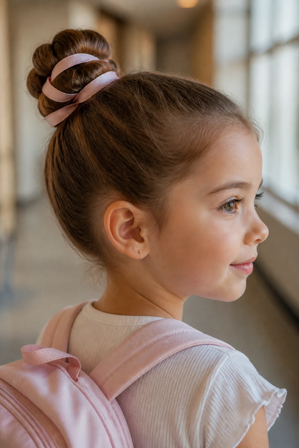 Close-up of a real girl's head with a ribbon-wrapped bun
