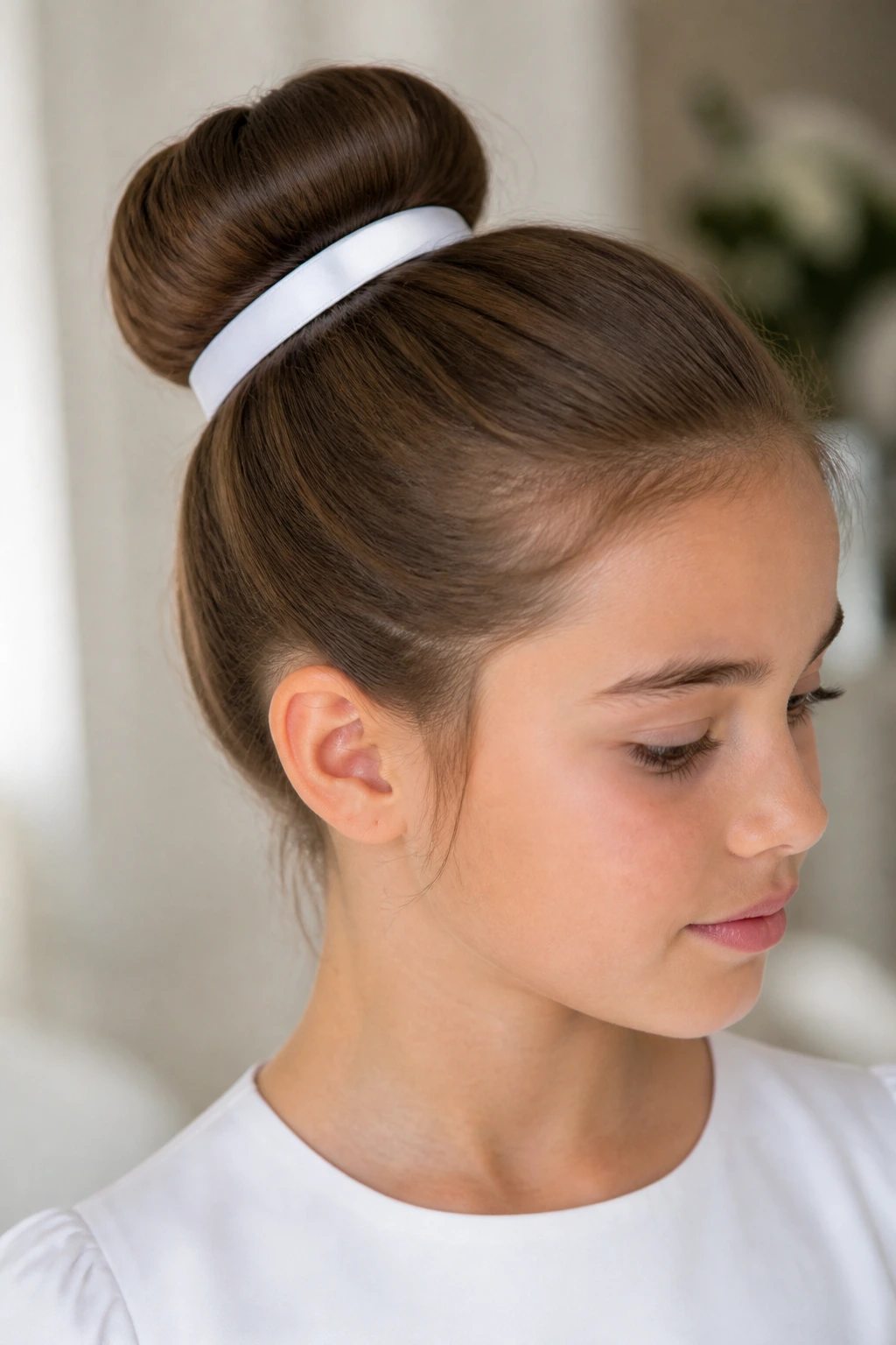 Girl with ribbon wrapped bun and flat satin ribbon around the base