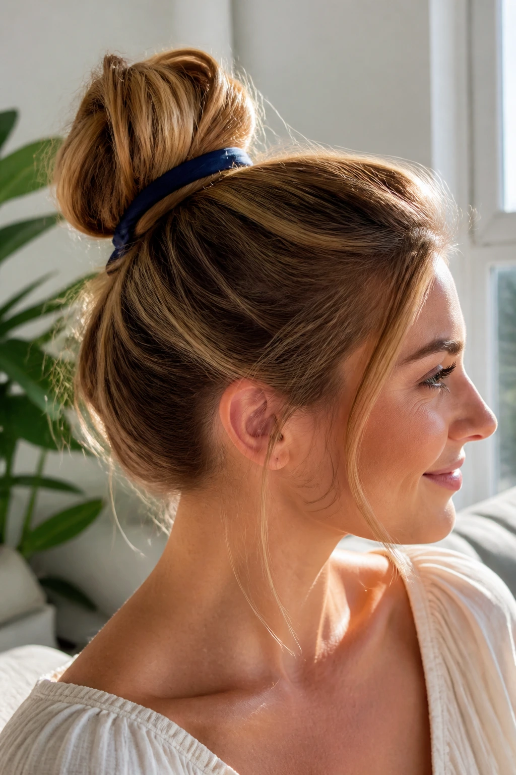 Close-up of a real woman with a ribbon-wrapped bun hairstyle.